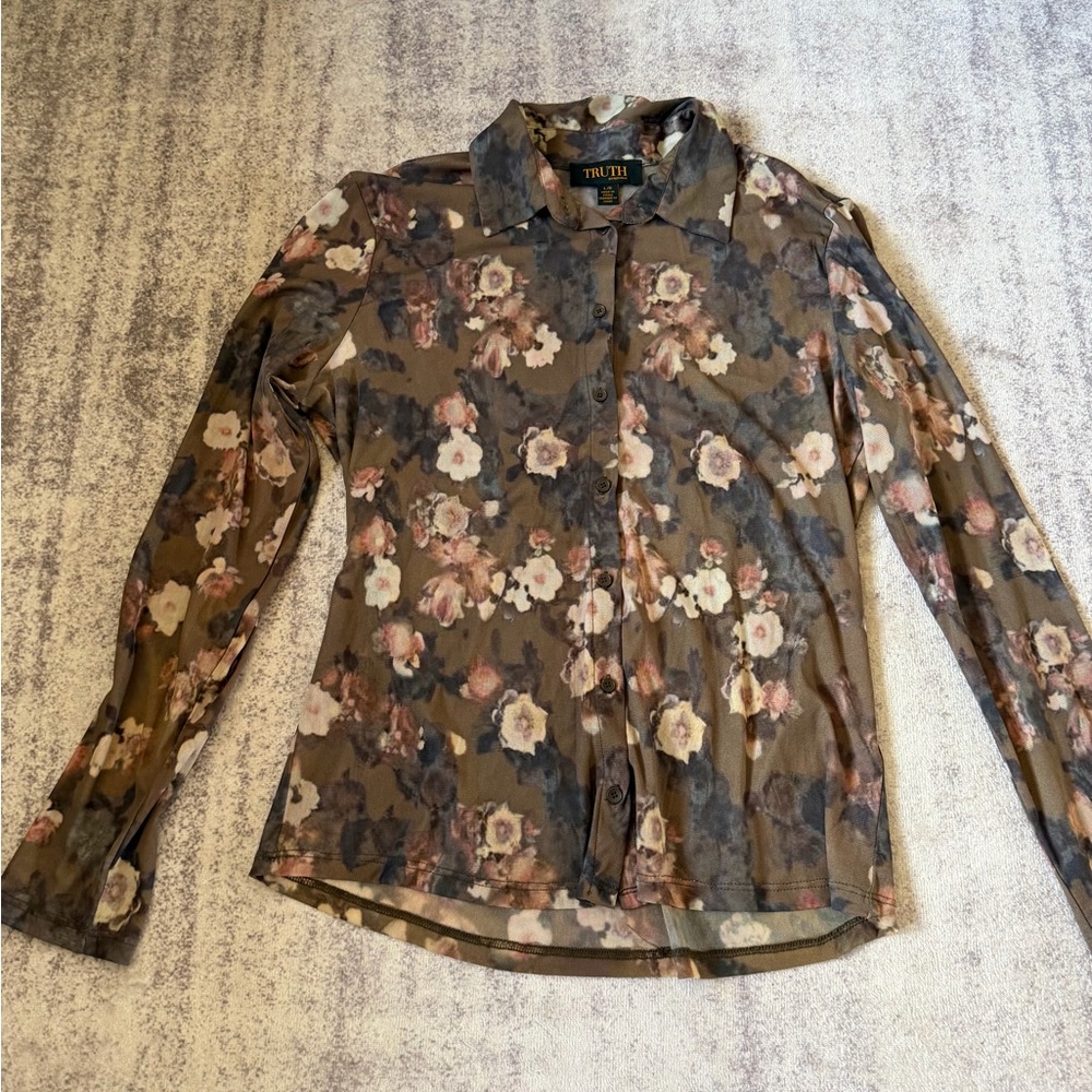 Truth Olive Sheer Floral Button-Down Blouse